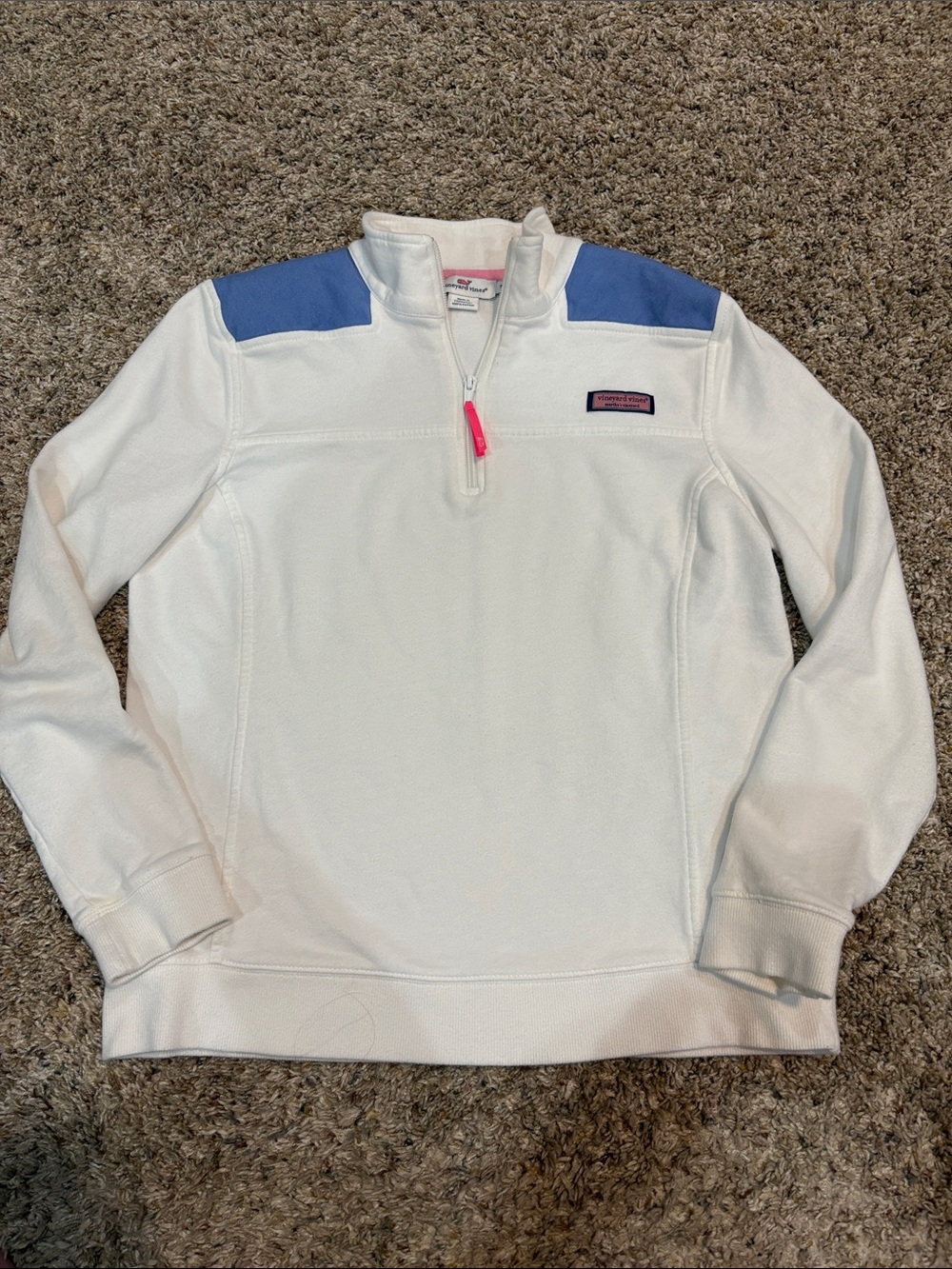 Vineyard Vines White Shep Shirt Quarter-Zip Pullover with Blue Shoulder Accents